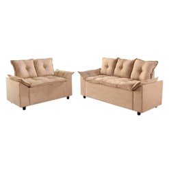 Conjunto Sofa 2 e 3 Lugares Tecido Suede Liones bege