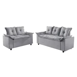 Conjunto Sofa 2 e 3 Lugares Tecido Suede Liones cinza