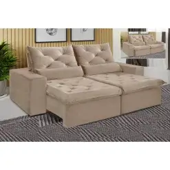 Sofa Elegance 4 Lugares Retratil E Reclinavel Tecido Veludo De 230cm Bege
