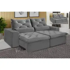 Sofa Elegance 4 Lugares Retratil E Reclinavel Tecido Veludo De 230cm Cinza