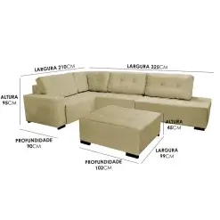 Sofá de Canto 9160 7 Lugares com Puff e Almofadas Soltas Tecido Suede Boareto Medidas