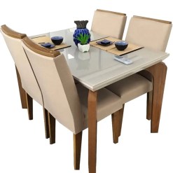 Mesa de Jantar Londrina 120x80cm com 4 Cadeiras Rufato Imbuia Off White com Tecido Bege