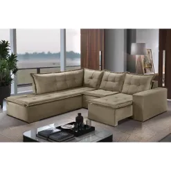 Sofa de Canto Denver Retratil e Almofadas Soltas bege