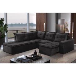 Sofa de Canto Denver Retratil e Almofadas Soltas preto