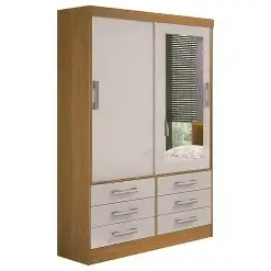 Guarda Roupa Meridian 2 Portas 6 Gavetas Solteiro com Espelho Cinamomo Off White
