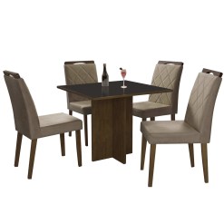 Mesa de Jantar Los Angeles 90x90cm com 4 Cadeiras Minas Plac Canela Grafite com Tecido Bege