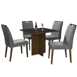 Mesa de Jantar Los Angeles 90x90cm com 4 Cadeiras Minas Plac Canela Grafite com Tecido Cinza