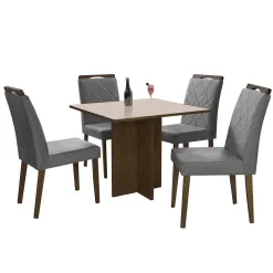 Mesa de Jantar Los Angeles 90x90cm com 4 Cadeiras Minas Plac Canela Off White com Tecido Cinza