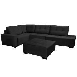 Sofá de Canto 9160 7 Lugares com Puff e Almofadas Soltas Tecido Suede Boareto Preto