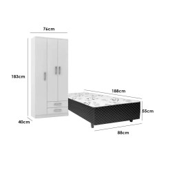 Kit Cama Box Solteiro Ortopedica e Guarda Roupa Treviso Solteiro 3 Portas Evidencia Branco Medidas