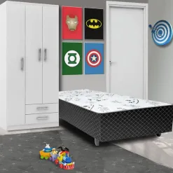 Kit Cama Box Solteiro Ortopedica e Guarda Roupa Treviso Solteiro 3 Portas Evidencia Branco