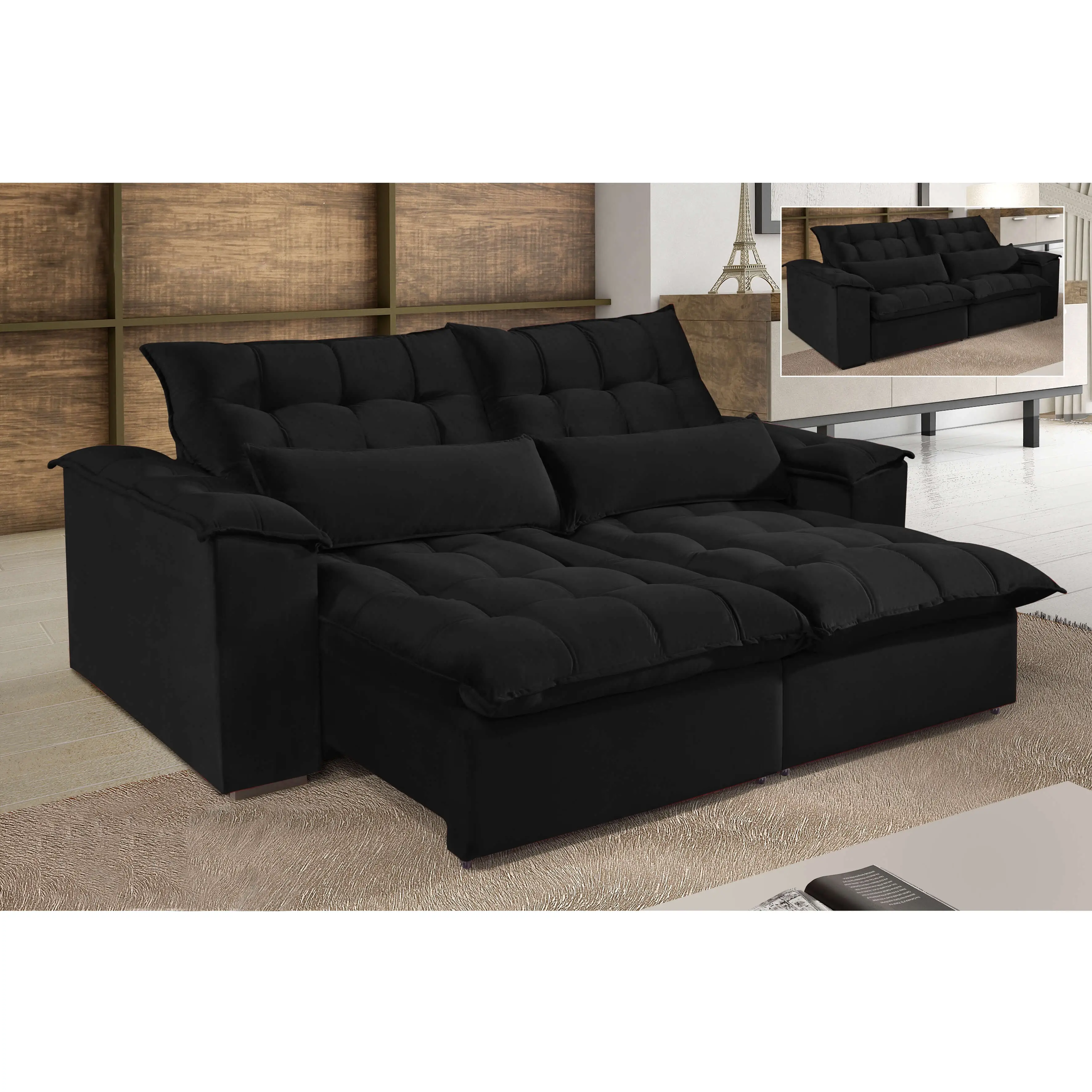 Sofa Antonelle 4 Lugares Retratil e Reclinavel 230cm Boareto Preto