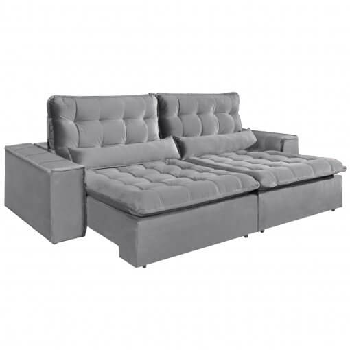 Sofa com Molas 4 Lugares Retratil e Reclinavel Paris Tecido Veludo 250cm Cinza