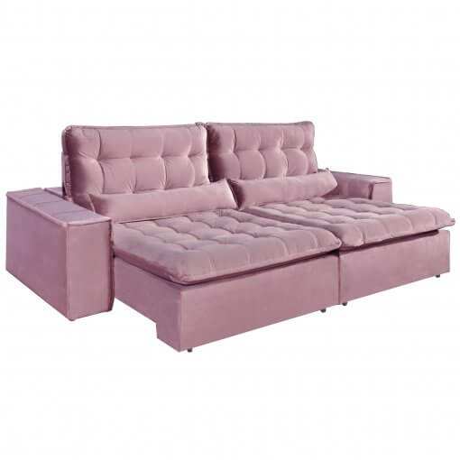 Sofa com Molas 4 Lugares Retratil e Reclinavel Paris Tecido Veludo 250cm Rose