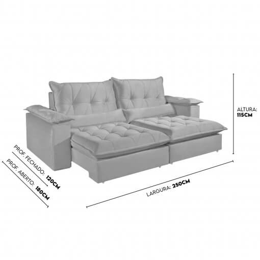 Sofa com Molas Ensacadas 4 Lugares Retratil e Reclinavel Italia Tecido Veludo 250cm Medidas