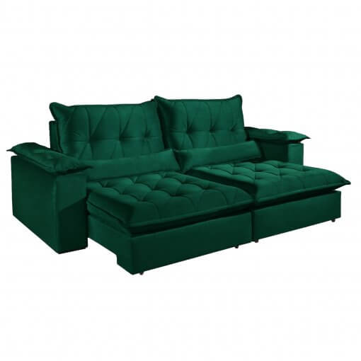 Sofa com Molas Ensacadas 4 Lugares Retratil e Reclinavel Italia Tecido Veludo 250cm Verde