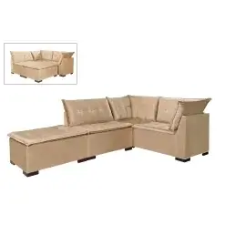 Sofa de Canto Saturno 5 Lugares com Puff 186cm x 186cm Tecido Suede Aifos Bege