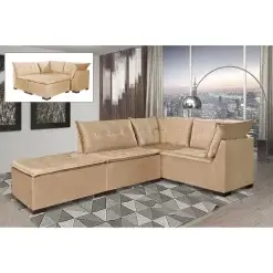 Sofa de Canto Saturno 5 Lugares com Puff 186cm x 186cm Tecido Suede Bege