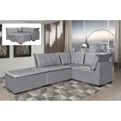Sofa de Canto Saturno 5 Lugares com Puff 186cm x 186cm Tecido Suede Cinza