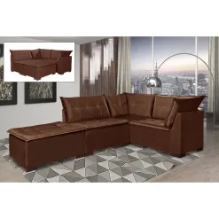 Sofa de Canto Saturno 5 Lugares com Puff 186cm x 186cm Tecido Suede Marrom