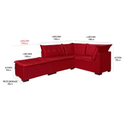 Sofa de Canto Saturno 5 Lugares com Puff 186cm x 186cm Tecido Suede Medidas