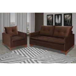 Poltrona e Sofa Inglaterra 2 Lugares com Almofadas Soltas Tecido Veludo Boareto Marrom