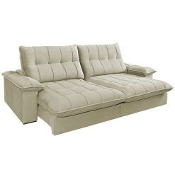 Sofa Liverpool com Molas Ensacadas 4 Lugares Retratil e Reclinavel Tecido Veludo 250cm Zenett Bege