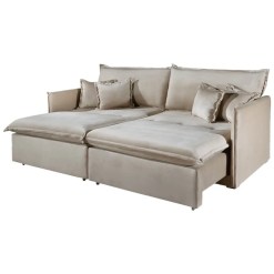 Sofa Cama Milano em Veludo Casal Retratil e Reclinavel 4 Lugares e 4 Almofadas 220cm Aifos Bege
