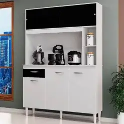 Armario De Cozinha Duda 120cm 5 Portas 1 Gaveta Poquema Branco Com Preto