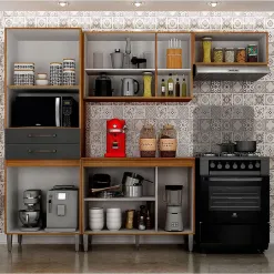 Cozinha Completa Livia 4 Pecas 11 Portas 2 Gavetas CHF Carvalho Grafite Interno