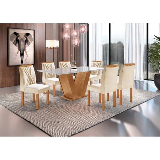 Mesa de Jantar Classic 160x80cm com 6 Cadeiras Lisboa Cel Moveis Cinamomo Off White