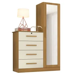 Comoda Belize 4 Gavetas 1 Porta com Espelho Albatroz Carvalho Off White
