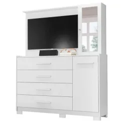 Comoda Ilhabela com Painel para TV 4 Gavetas 2 Portas e Espelho Albatroz Branco