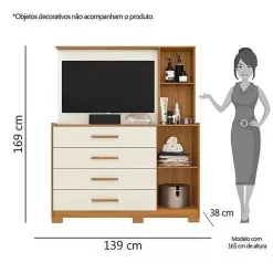 Comoda Ilhabela com Painel para TV 4 Gavetas 2 Portas e Espelho Albatroz Medidas