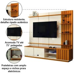 Estante Reno Home Para TV Ate 75 Polegadas 3 Portas Ripado EDN Cedro Off White Detalhe