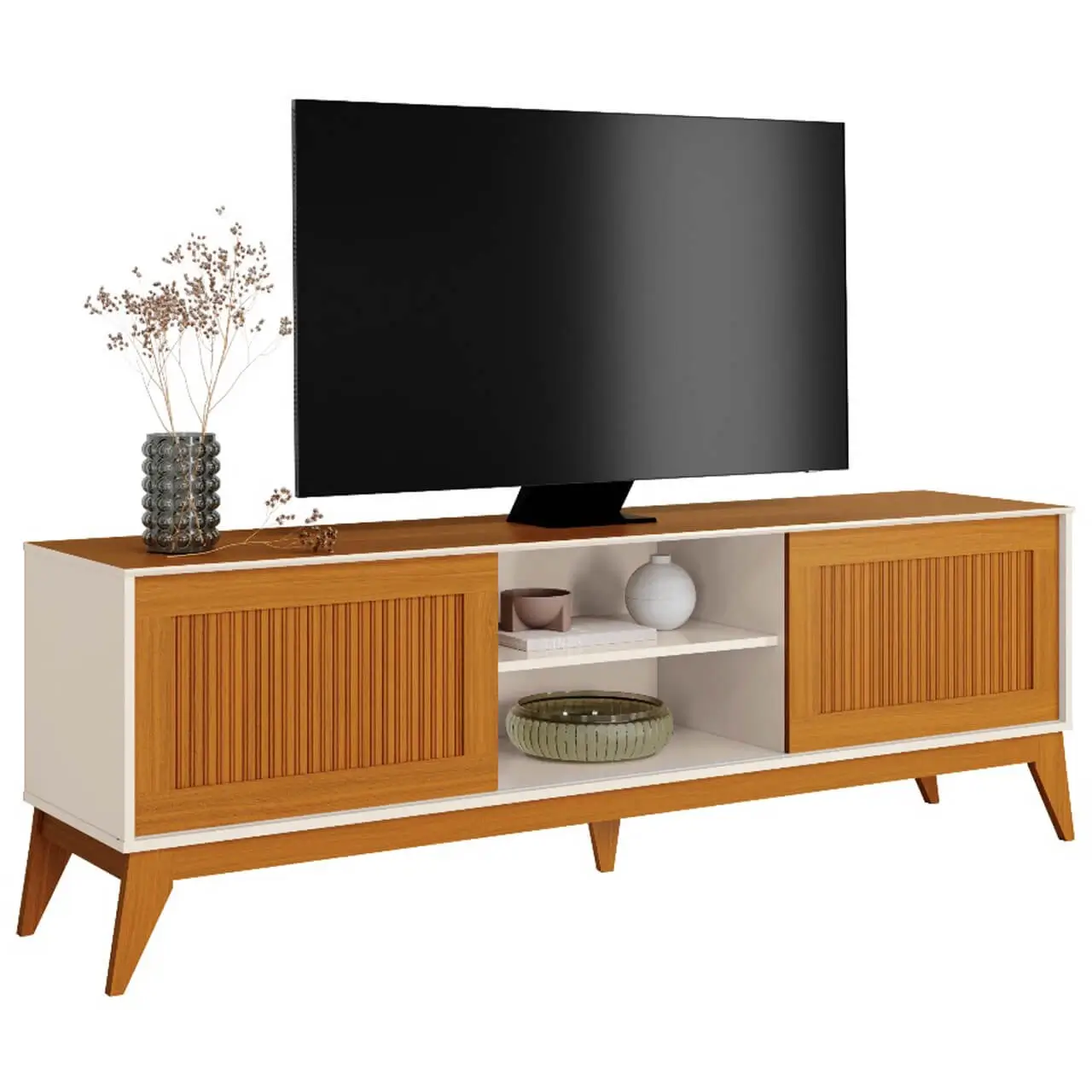 Rack King Para TV Ate 65 Polegadas 2 Portas Ripado Em Impressao 3D EDN Cedro Off White