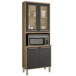 Paneleiro Paris 4 Portas Com Vidro Reflecta E Nicho Para Micro Ondas Salleto Carvalho Grafite