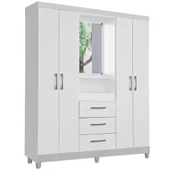 Guarda Roupa Capelinha Lyon Solteiro Com Espelho 4 Portas 3 Gavetas Rud Rack Branco