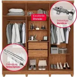 Guarda Roupa Portugal Frison Casal 6 Portas 2 Gavetas Imop Cinamomo Detalhe