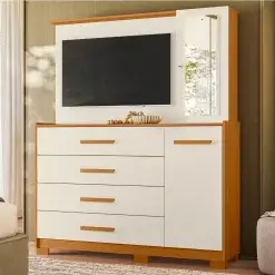 Comoda Ilhabela Com Painel Para TV 4 Gavetas 2 Portas E Espelho Albatroz Cinamomo Off