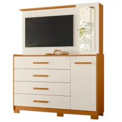 Comoda Ilhabela Com Painel Para TV 4 Gavetas 2 Portas E Espelho Albatroz Cinamomo Off White
