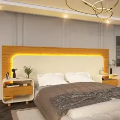 Cabeceira Innova Casal Queen King Com 2 Mesas De Cabeceira E LED Gelius