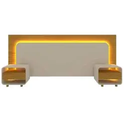 Cabeceira Innova Casal Queen King Com 2 Mesas De Cabeceira E LED Gelius Naturale Off White