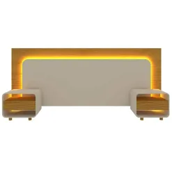 Cabeceira Innova Casal Queen King Com 2 Mesas De Cabeceira E LED Gelius Naturale Off White