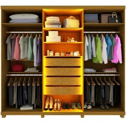 Guarda Roupa Absolute New Casal 6 Portas 4 Gavetas Com Vidro Reflecta E LED Gelius Interno