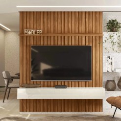Painel Project 220cm Para TV Ate 75 Polegadas Ripado 2 Gavetas Mobler Cinamomo Mel Off White