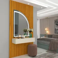 Penteadeira Suspensa Realeza Ripado 1 Gaveta Com Espelho E LED Gelius Naturale Off White