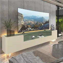 Rack Infinity Para TV Ate 85 Polegadas 2 Portas 2 Gavetas Com LED E Pes Em Vidro Gelius