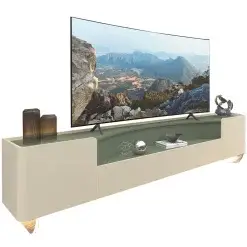 Rack Infinity Para TV Ate 85 Polegadas 2 Portas 2 Gavetas Com LED E Pes Em Vidro Gelius Off White Verde Floresta