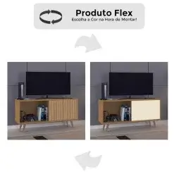 Rack Com Painel Malaga Para TV Ate 50 Polegadas 1 Porta Atualle Canelato Rustico 3D Natura Off White Detalhe